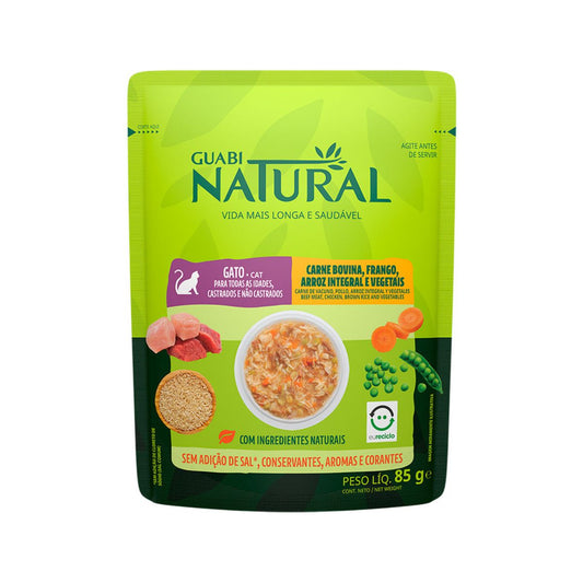 Sachê Ração Úmida Guabi Natural Gatos Castrados Carne Frango Arroz e Vegetais 85g