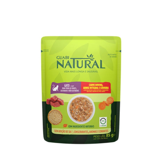 Sachê Ração Úmida Guabi Natural Gatos Castrados Carne Arroz e Cenoura 85g